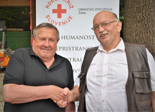 Jože Žnidaršič in Franc Jelen, v Letnem gledališču Limberk Griže, 16. 6. 2018, na Srečanju krvodajalcev ob 65-letnici organiziranega krvodajalstva v Sloveniji in prostovoljcev.