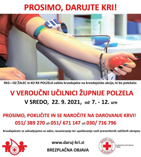 22. 9. 2021 bo krvodajalska akcija v veroučni učilnici na Polzeli.