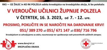 Krvodajalska akcija na Polzeli bo 16. marca, od 7. do 12.